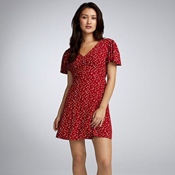 Simons, Twik, L, Red and White Polkadot Ruffled Sleeves V Neck Dress - Picture 1 of 2